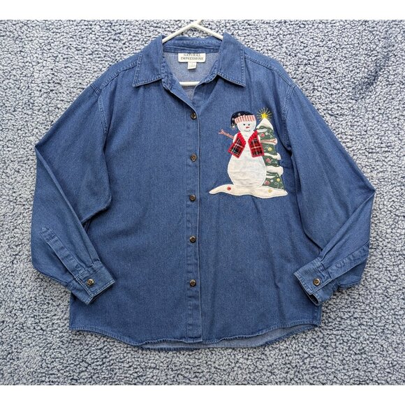 VTG 90s Natural Impressions Button Up Shirt Womens L Snowman Denim Grandma Blue - Picture 1 of 10